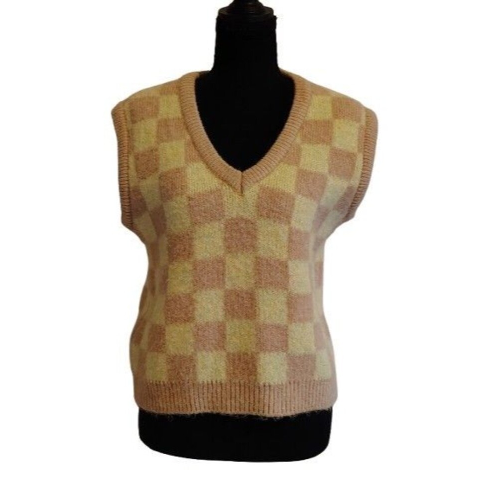 Nasty Gal Women's Checkered Fuzzy V-Neck Sweater Vest Size Small Tan Sage Green